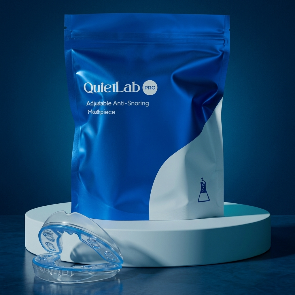 QuietLab Pro pouch and clear blue-edged mouthpiece on a white pedestal