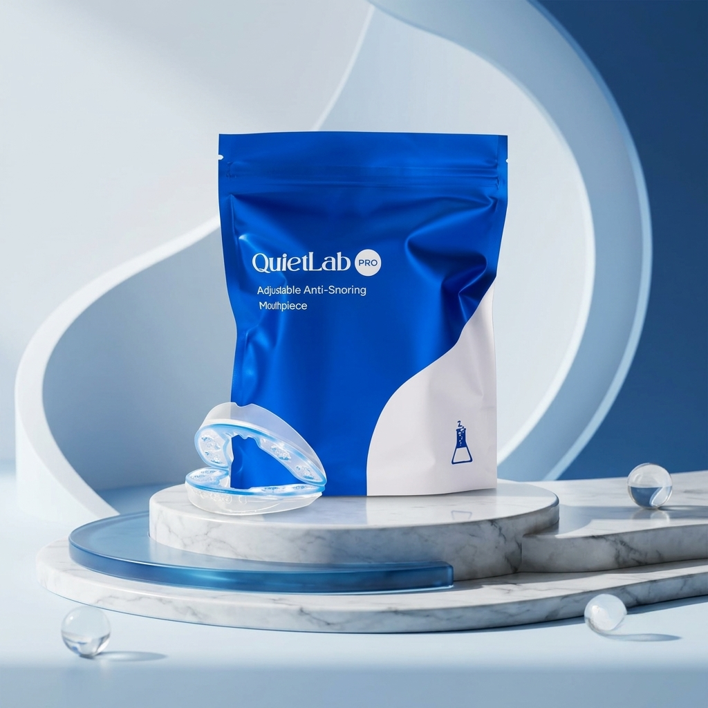 QuietLab Pro adjustable mouthpiece displayed on a marble pedestal
